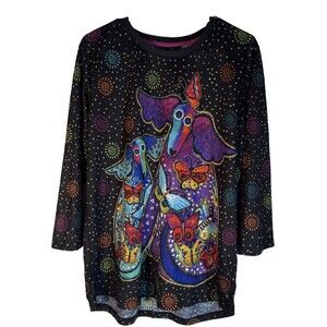 NWT Laurel Burch Women XXL Dog Butterfly Graphic Art 3/4 Sleeve Black T-Shirt